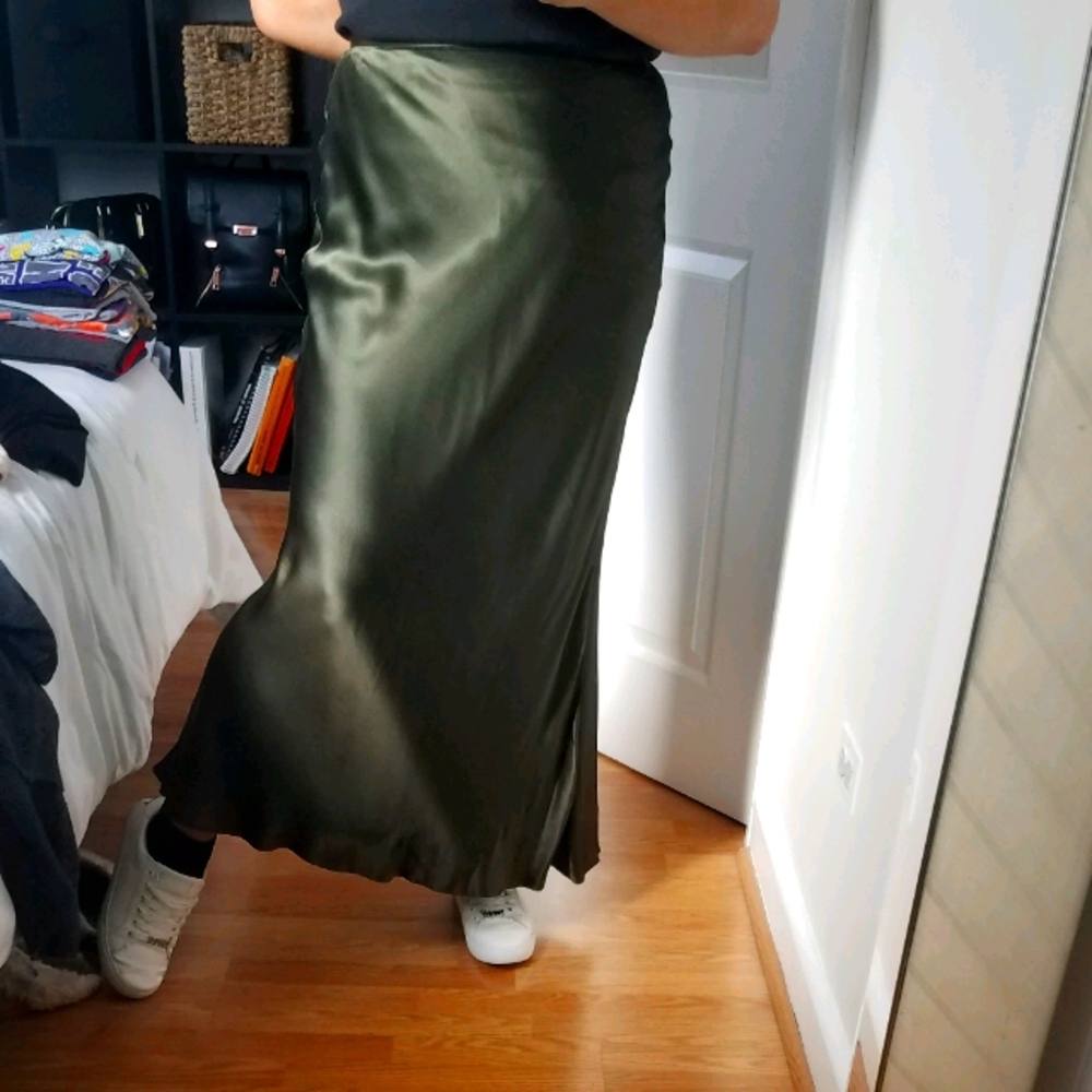 100% Silk midi skirt vintage olive slip skirt